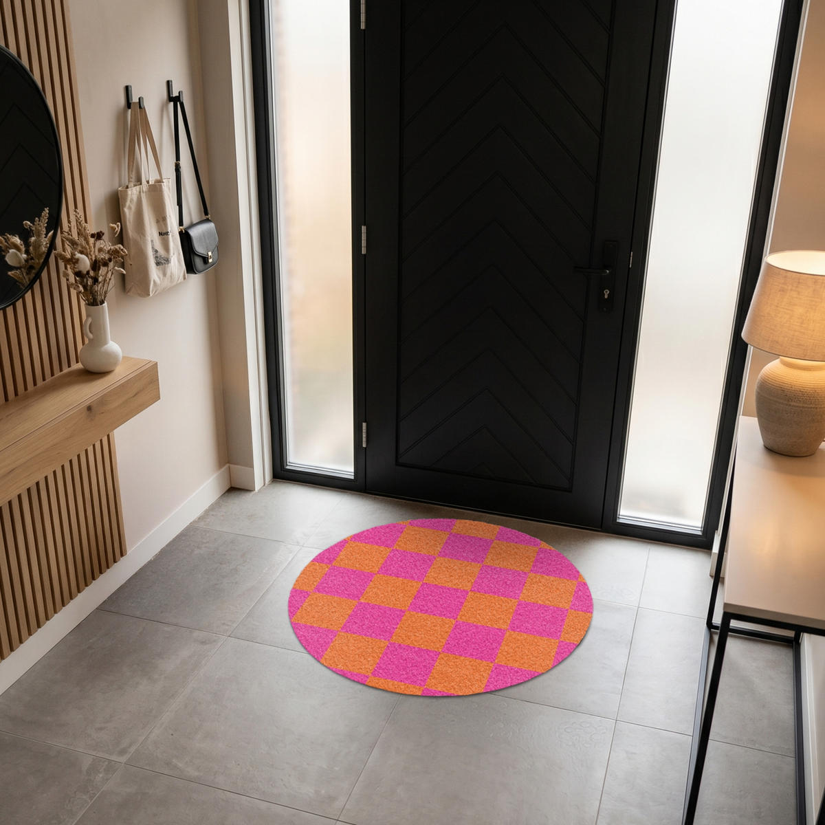 ROHOŽKA Šachovnicový potisk - Oranžová - Růžová - Bloky 90x90 cm - růžová, textil/umělá hmota (90/0.4cm) - MuchoWow