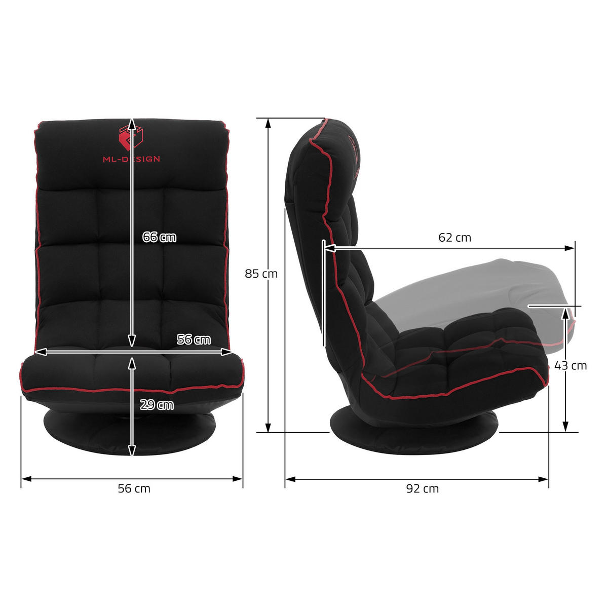 GAMINGOVÁ ŽIDLE NA ZEM Černá-červená látkový potah Otočná o 360° a nastavitelná - černá/červená, textil (56/85/92cm) - ML-DESIGN