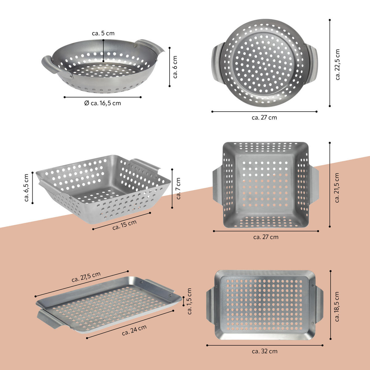 GRILLKÖRBE 3er-Set, silber, Metall - Edelstahlfarben, Metall (18.5/32/1.5cm) - bremermann