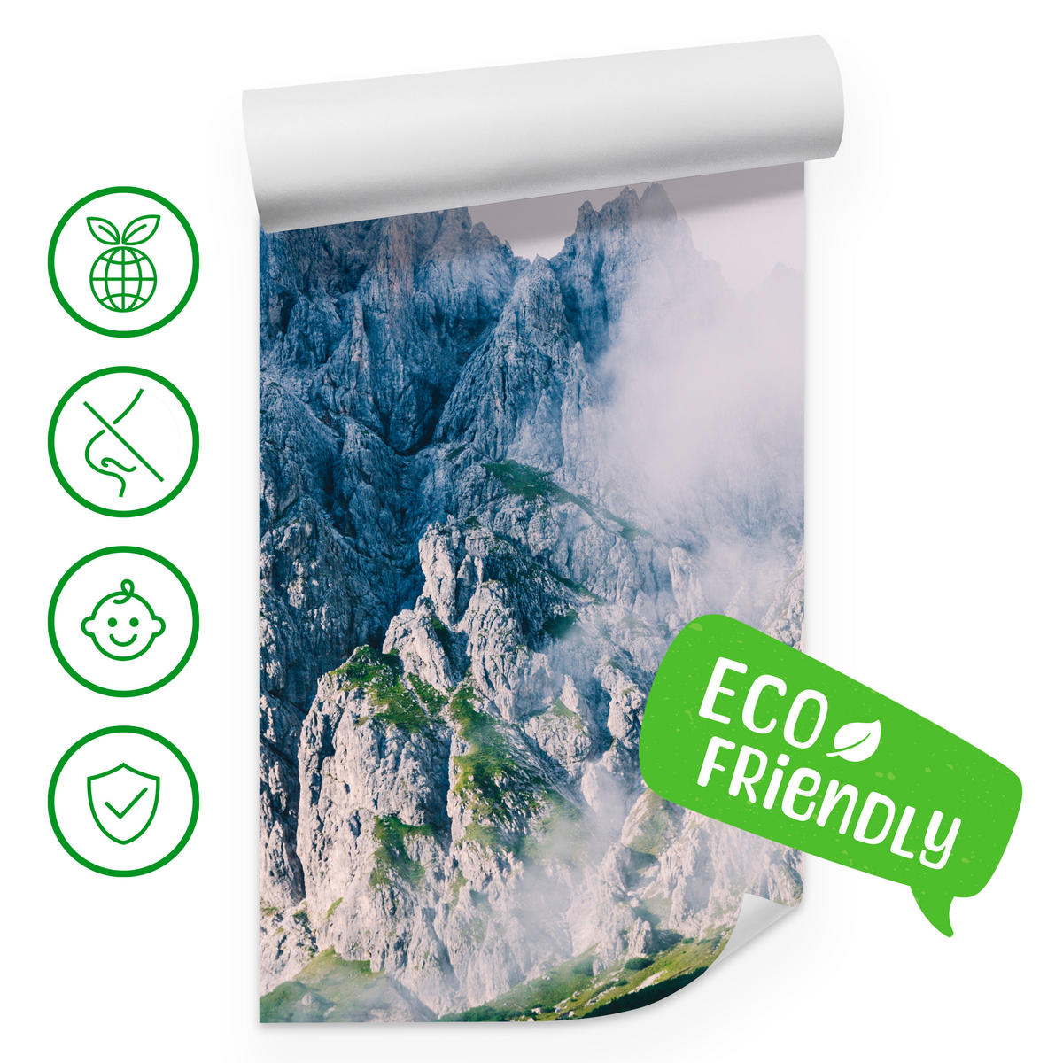 FOTOTAPETE für Wohnzimmer Felsige Berge Nebel Moos 500x350 - Blau/Weiß, Papier (500/350cm) - Muralo