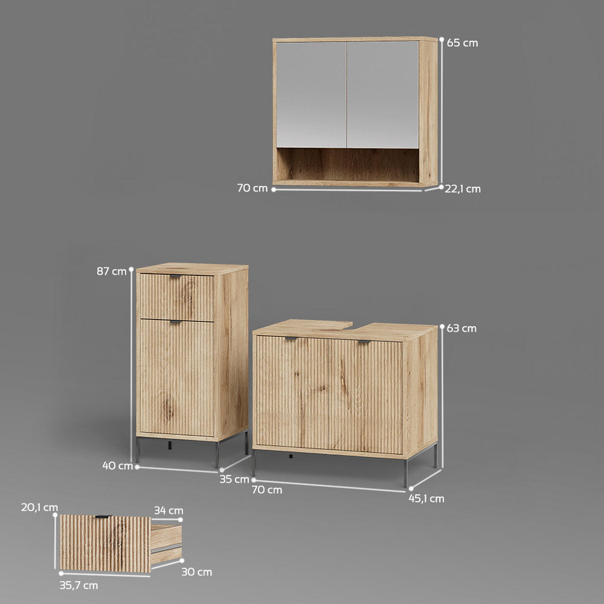 BADMÖBEL-SET ATERNO Viking Oak 3 Teile - Eiche Wotan, Holzwerkstoff (70/63/45cm) - Livinity®