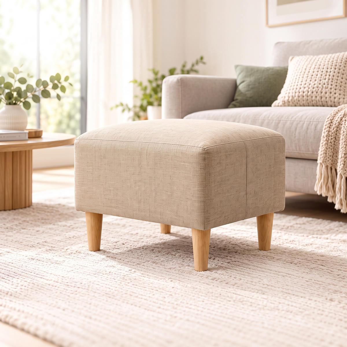 FUSSHOCKER Beige gepolstert Holzfüße - Beige, Holz/Textil (61/42/41cm) - Relaxdays
