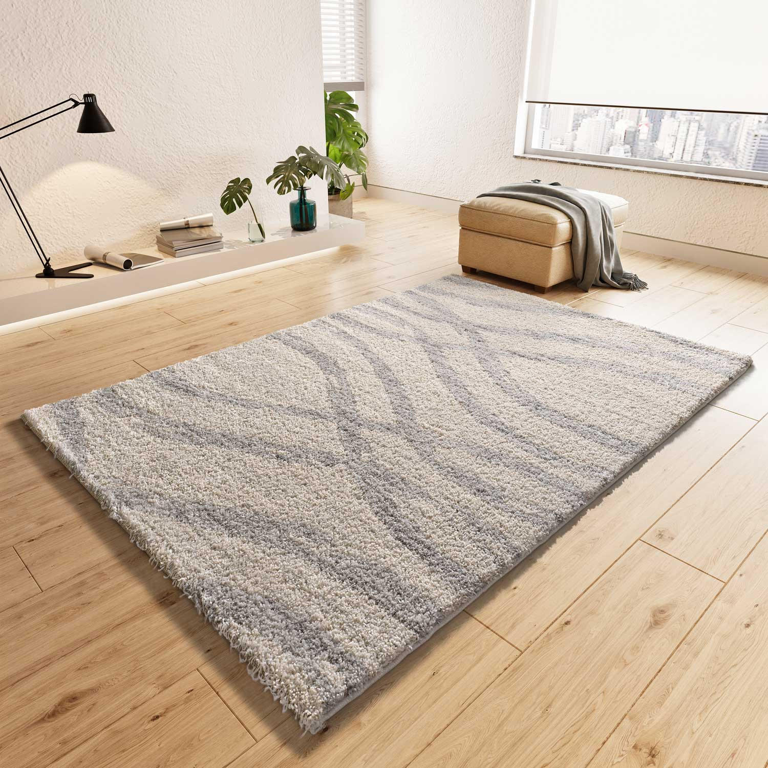 Thumbnail - Atticgo Hochflorteppich, Grau, Beige, Textil, Abstrakt, Rechteckig, 80x150 cm, Oeko-Tex® Standard 100, für Fußbodenheizu...