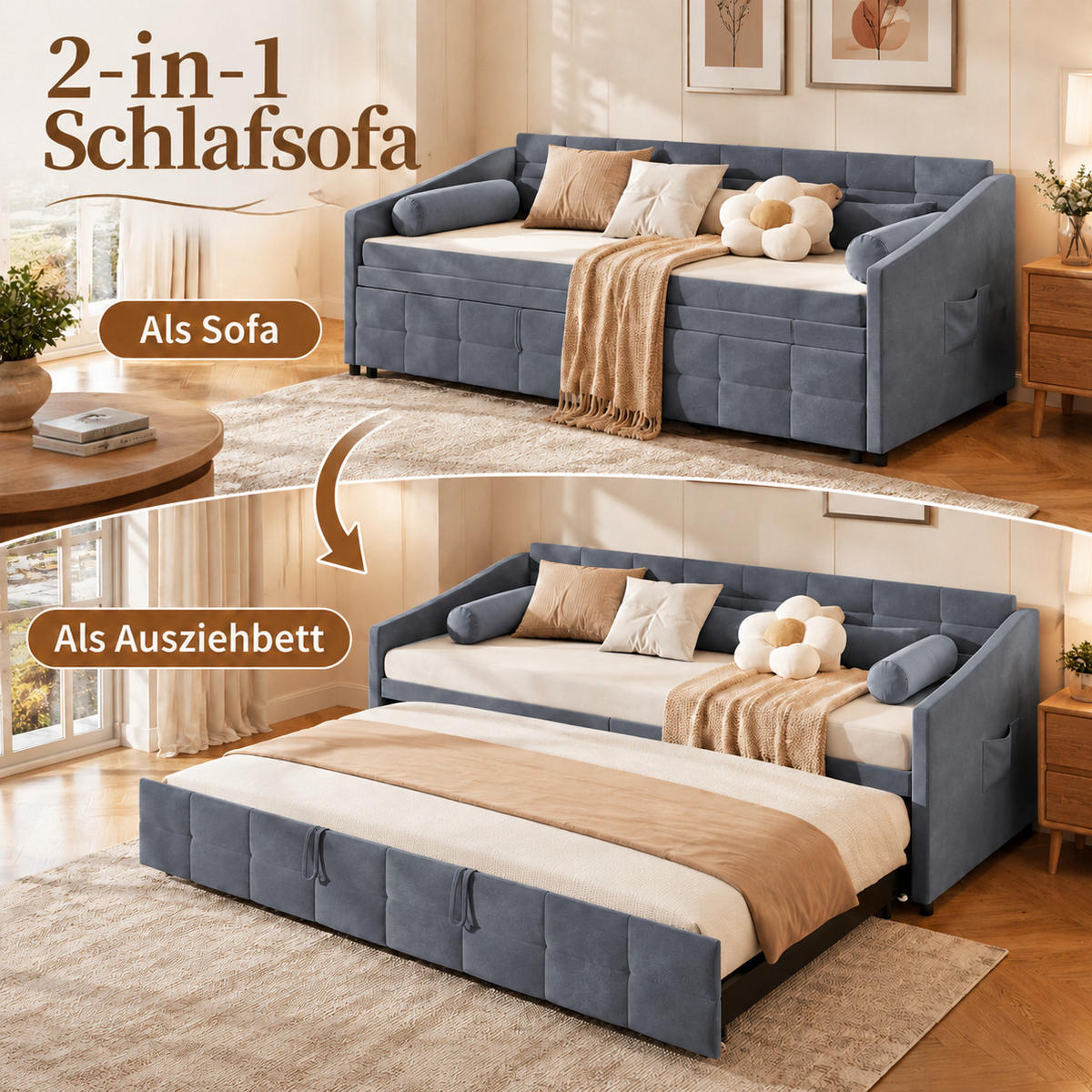 SCHLAFSOFA mit Ausziehfunktion und Stauraum, Polstersofa - Grau, Metall (193.5/75/215cm) - Joyfair
