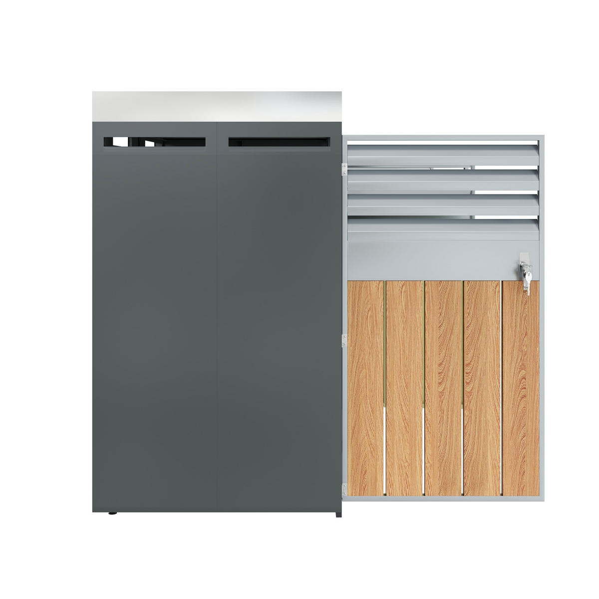 MÜLLTONNENBOX aus Stahl in Grau/Holzoptik mit Pflanzfläche & 4 abschließbaren Türen - Grau, Metall (264/124.5/80cm) - Modfu