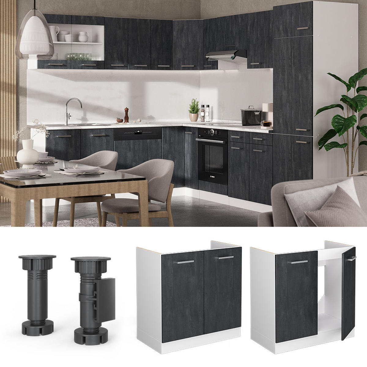 SPÜLENUNTERSCHRANK KÜCHENSCHRANK R-Line Schwarz Beton 80 cm AP Eiche - Schwarz/Weiß, Holzwerkstoff (80/81.6/60cm) - Vicco