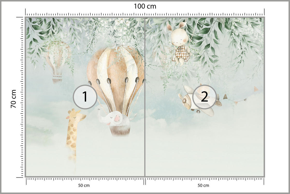 FOTOTAPETE für Kinderzimmer Tiere Wolken Ballons Giraffe Elefant 100x70 - Beige/Braun, Papier (100/70cm) - Muralo