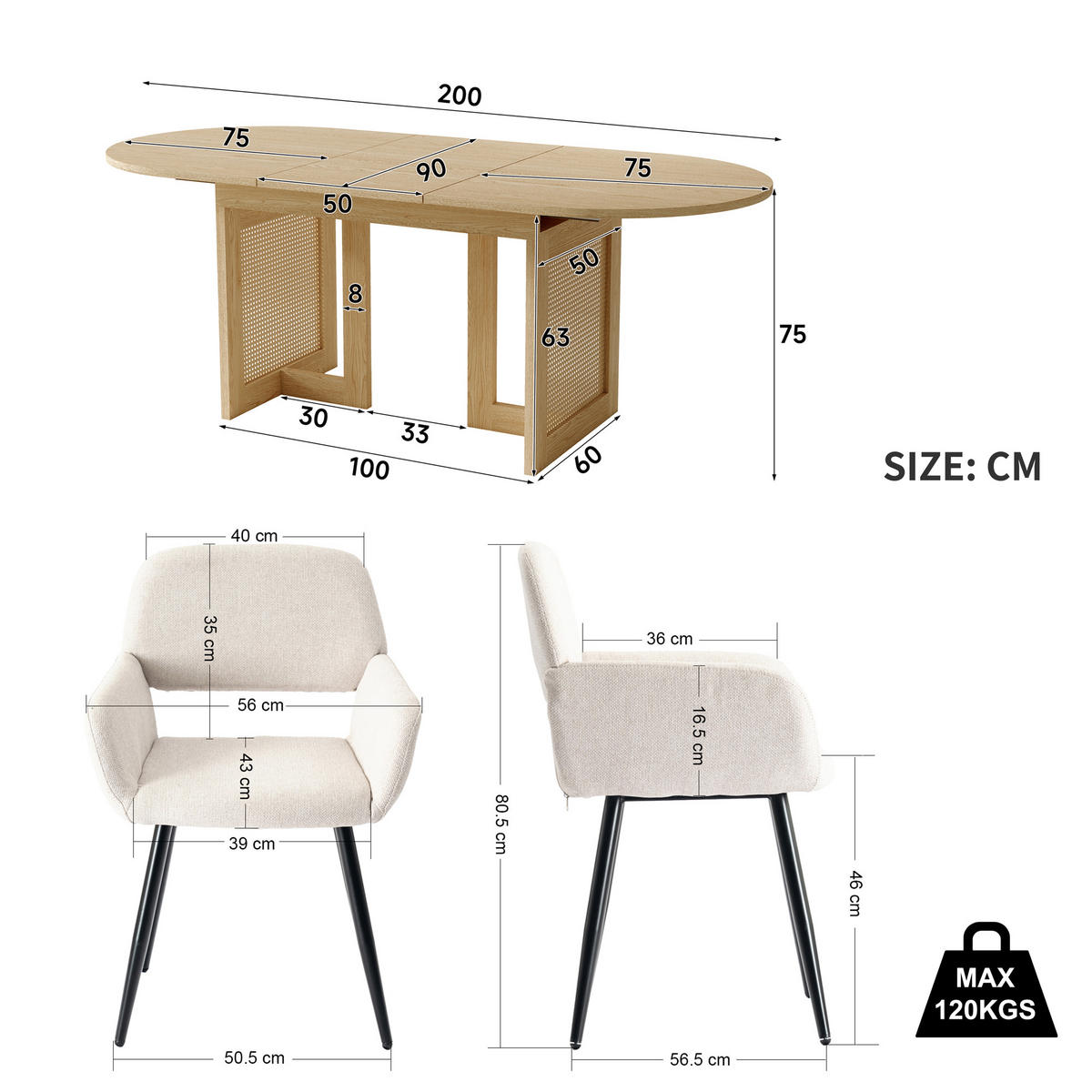 ESSGRUPPE 1+6 Ausziehbarer Tisch Eiche 150-200cm & 6 Armlehnstühle Beige - Eichefarben, Holzwerkstoff (200/75/90cm) - Urban Meuble