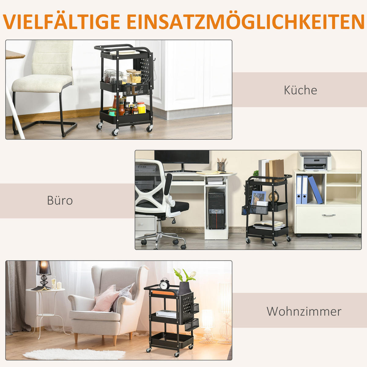 SERVIERWAGEN mit 3 Ebenen Küchenwagen mit Rollen, Griff, Haken und Korb Schwarz - Schwarz, Metall (32/75.6/51.5cm) - HOMCOM