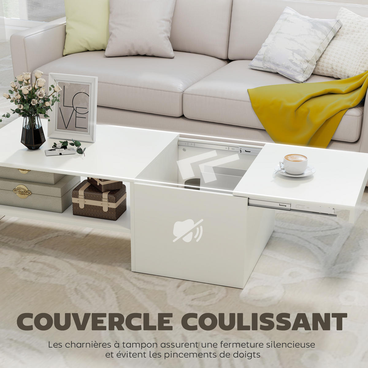 COUCHTISCH DE-15819 verschiebbare Platte Weiß - Weiß, Holzwerkstoff (110/52/36cm) - ComfortXL