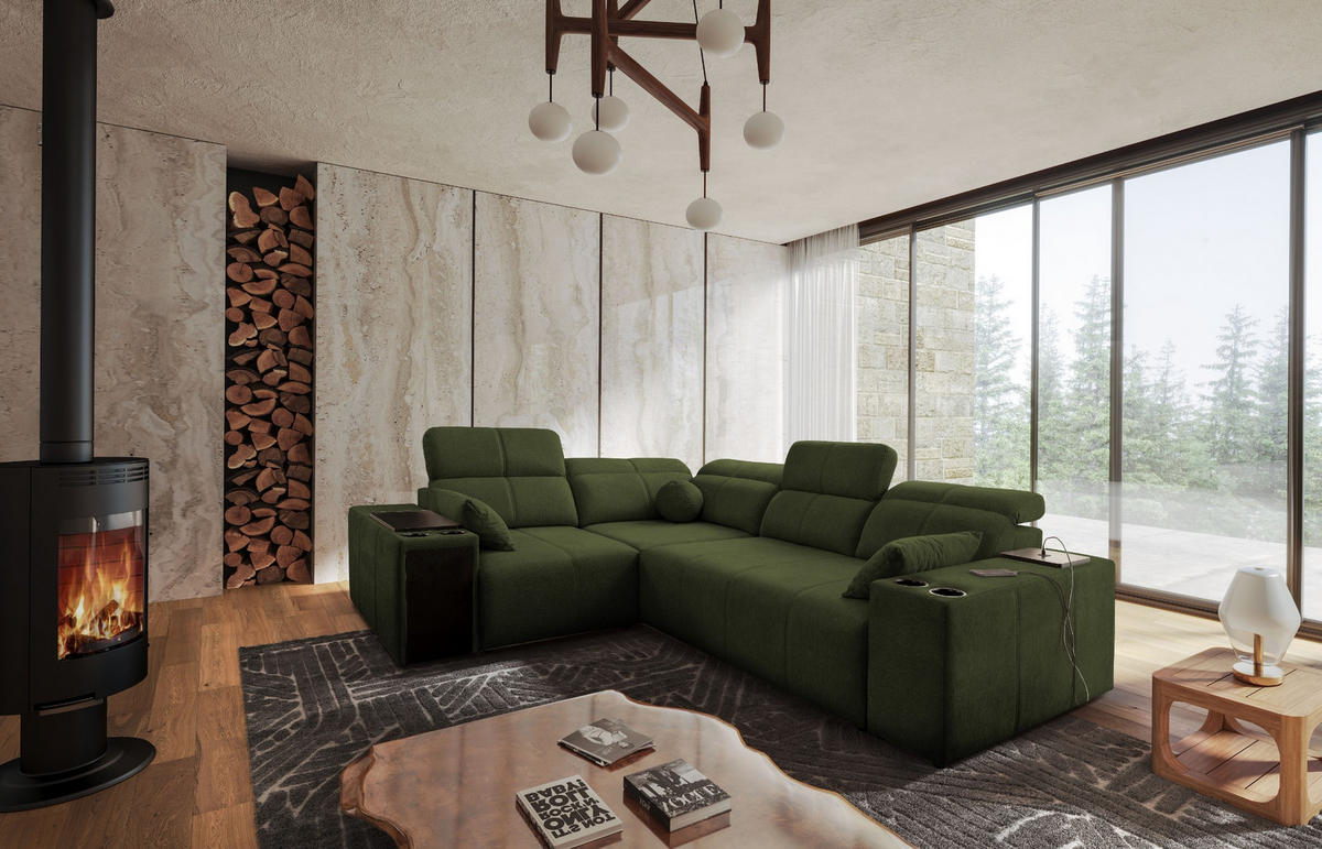 ECKSOFA Mit Schlaffunktion USB Und Verstellbarer Rückenlehne Mindy II Dunkelgrün Links - Dunkelgrün, Holz/Textil (219/288cm) - Kaiser Möbel