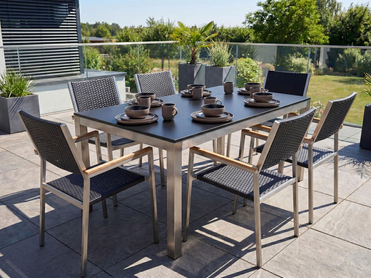 GARTENMÖBEL-SET 6-Sitzer Glasplatte schwarz Rattan schwarz Grosseto - Silberfarben/Schwarz, Glas - Beliani