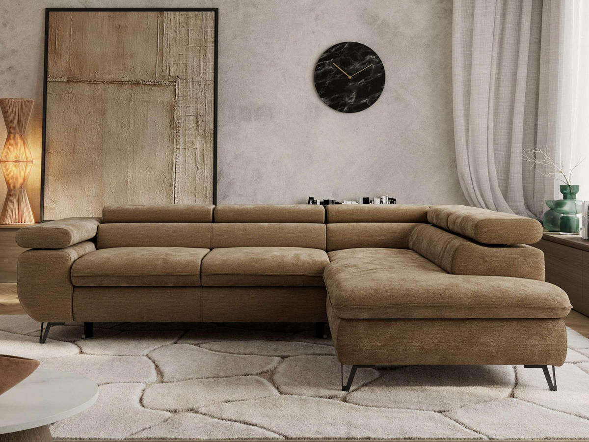 ECKSOFA PABLO L Braun Schenille glatt - Rechts Seite mit Visco Topper - Schwarz/Braun, Textil/Metall (273/208cm) - MKS