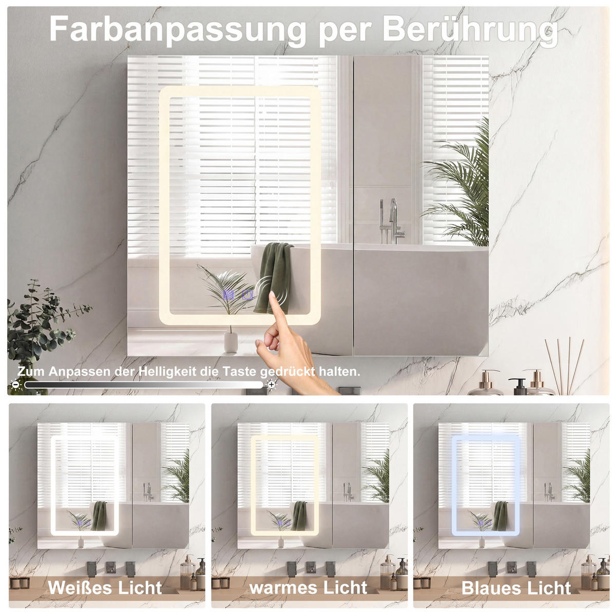 SPIEGELSCHRANK, Wandbadezimmerschrank mit LED-Spiegel, 70 x 60 cm, mit 2 Türen, Antibeschlagfunktion - Weiß, Glas (70/60/13.5cm) - Waldena