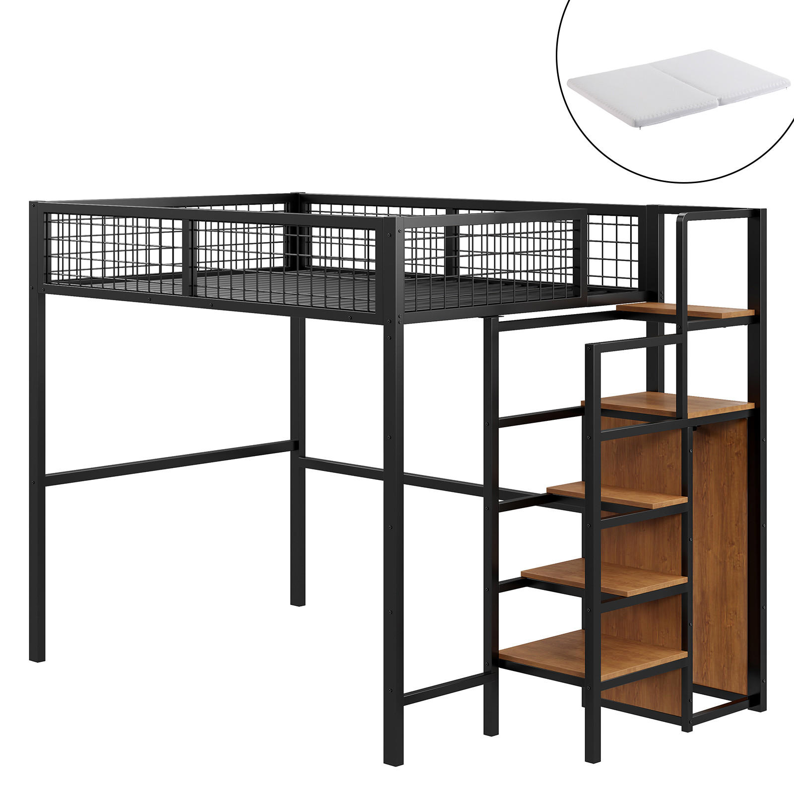 HOCHBETT 140/200 cm schwarz mit Sicherheitsleiter und Aufbewahrungsregal mit Matratze - Schwarz, Metall (140/200cm) - OKWISH