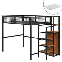 HOCHBETT 140/200 cm schwarz mit Sicherheitsleiter und Aufbewahrungsregal mit Matratze - Schwarz, Metall (140/200cm) - OKWISH