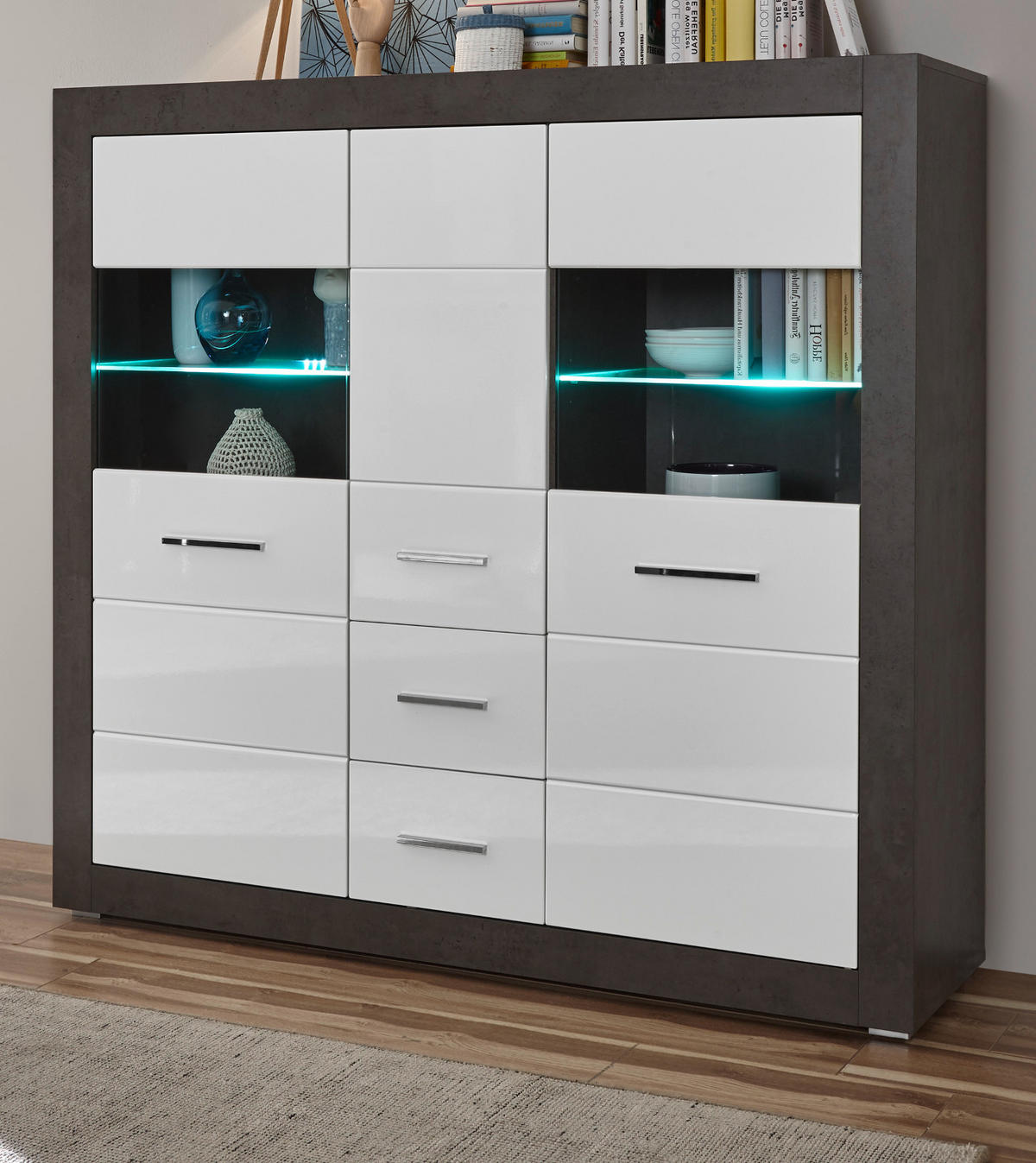 HIGHBOARD weiß Hochglanz, grau Stone 149 cm, Vitrine mit viel Stauraum - Chromfarben/Weiß Hochglanz, Glas/Holzwerkstoff (149/142/42cm) - Furn.Design