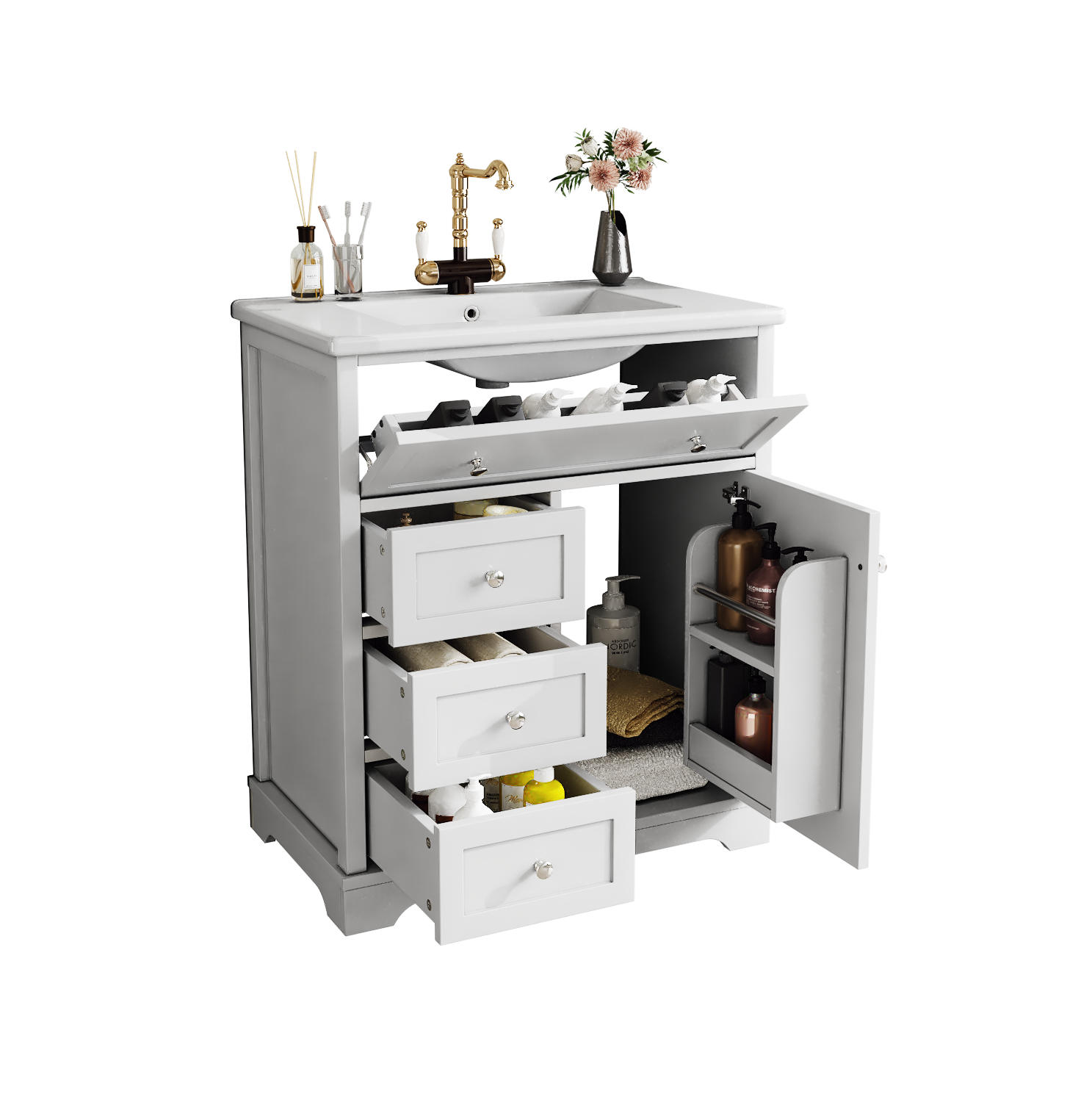 BADUNTERSCHRANK mit Waschbecken 76/46/87 cm weiß aus MDF und Keramik mit 4 Schubladen - Weiß, Holzwerkstoff (76/87/46cm) - OKWISH