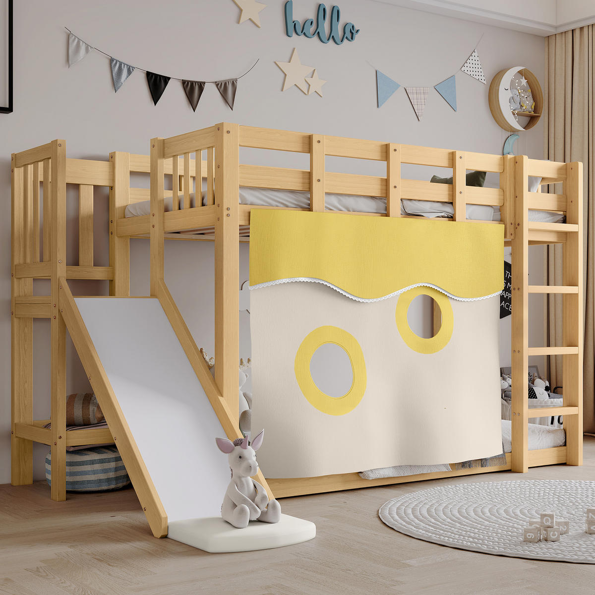 ETAGENBETT 90x200cm mit Bettvorhang und Rutsche, Natur - Naturfarben, Holz (90/200cm) - KOMHTOM