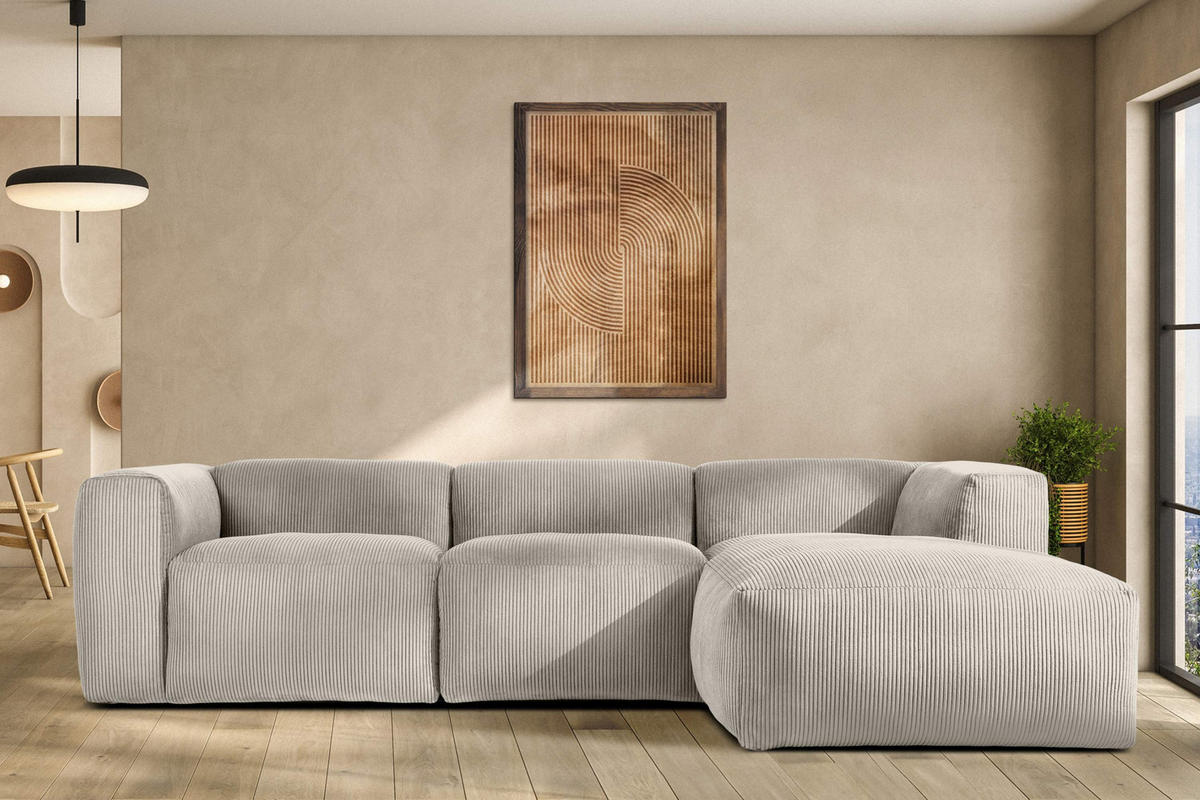 ECKMODULSOFA-RECHTS BUFFO mit extrem weicher und bequemer Sitzfläche, Kordstoff, cremefarben - Creme, Textil (297/180cm) - KONSIMO®