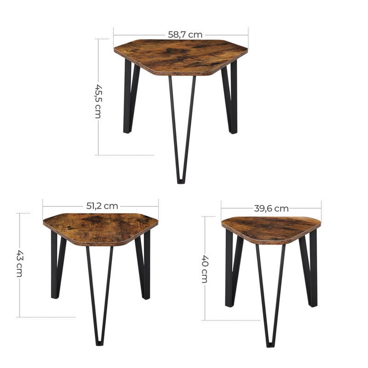 COUCHTISCH 3er Set Beistelltisch Metallgestell modern platzsparend - Braun, Holz (39.6/39.6/40cm) - Kaket