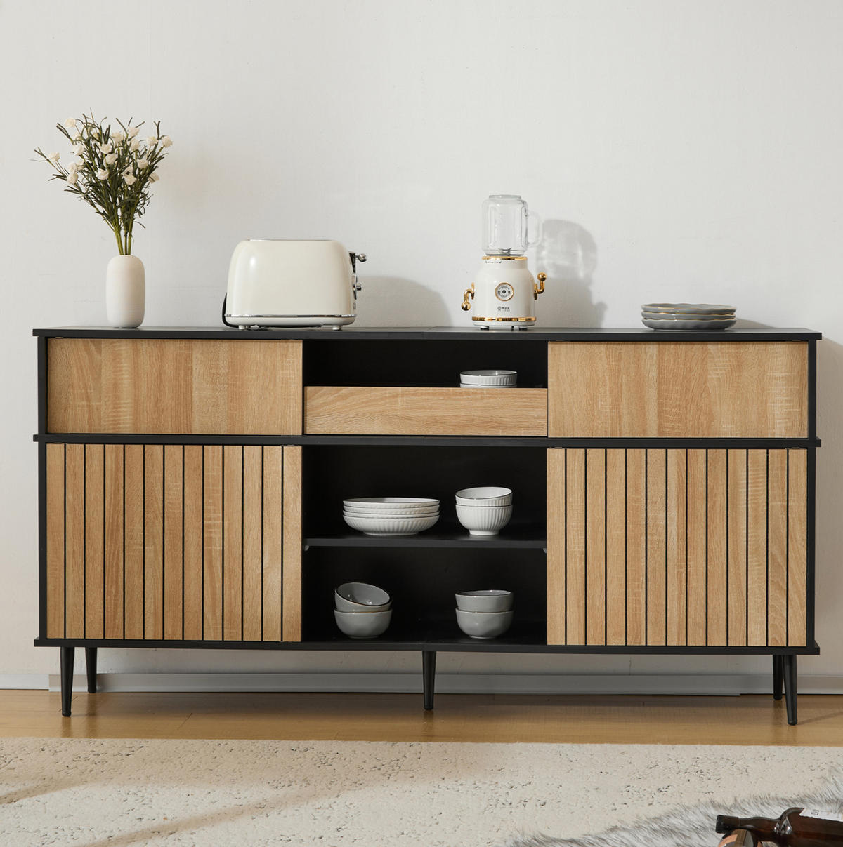 KOMMODE 160/80/40 cm Schwarz/Natur aus Spanplatte mit 4 Schiebetüren - Schwarz, Holzwerkstoff (40/80/160cm) - OKMYHOME