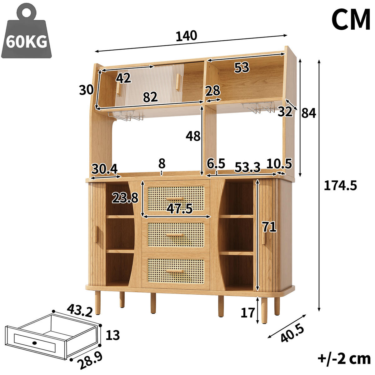 BUFFETSCHRANK Naturholzfarben 140/40.5/174.5 cm - Naturfarben, Holz (140/174.5/40.5cm) - PANGIVO
