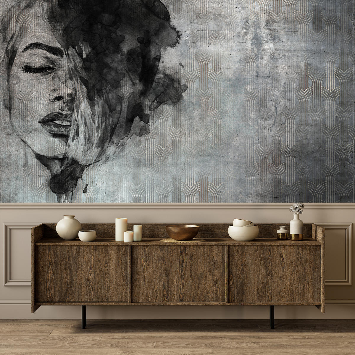 FOTOTAPETE für Wohnzimmer Abstrakte Frau Porträt Beton Ornament 150x105 - Grau, Papier (150/105cm) - Muralo