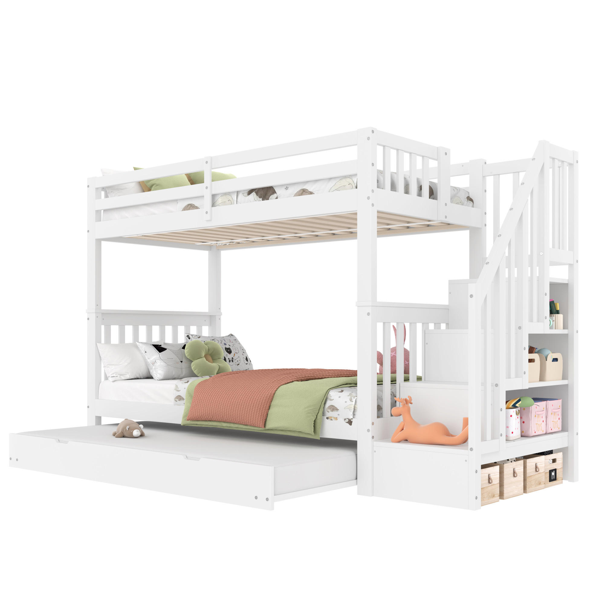 ETAGENBETT 90/200 cm in Weiß mit Treppenregal und ausziehbarem Rollbett - Weiß, Holzwerkstoff (90/200cm) - BEAOK