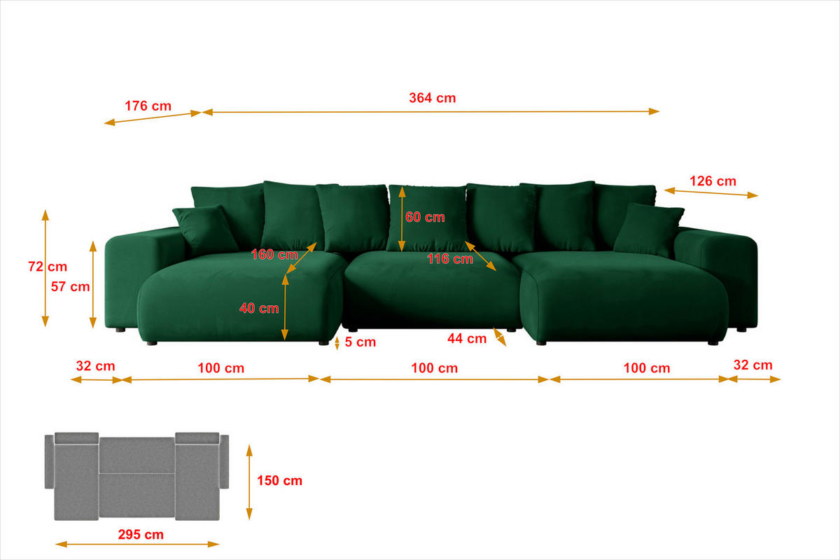 WOHNLANDSCHAFT mit Schlaffunktion ESKAR-U -364x176x84cm Grün Velours - Schwarz/Grün, Holzwerkstoff/Kunststoff (364/72/176cm) - ALTDECOR