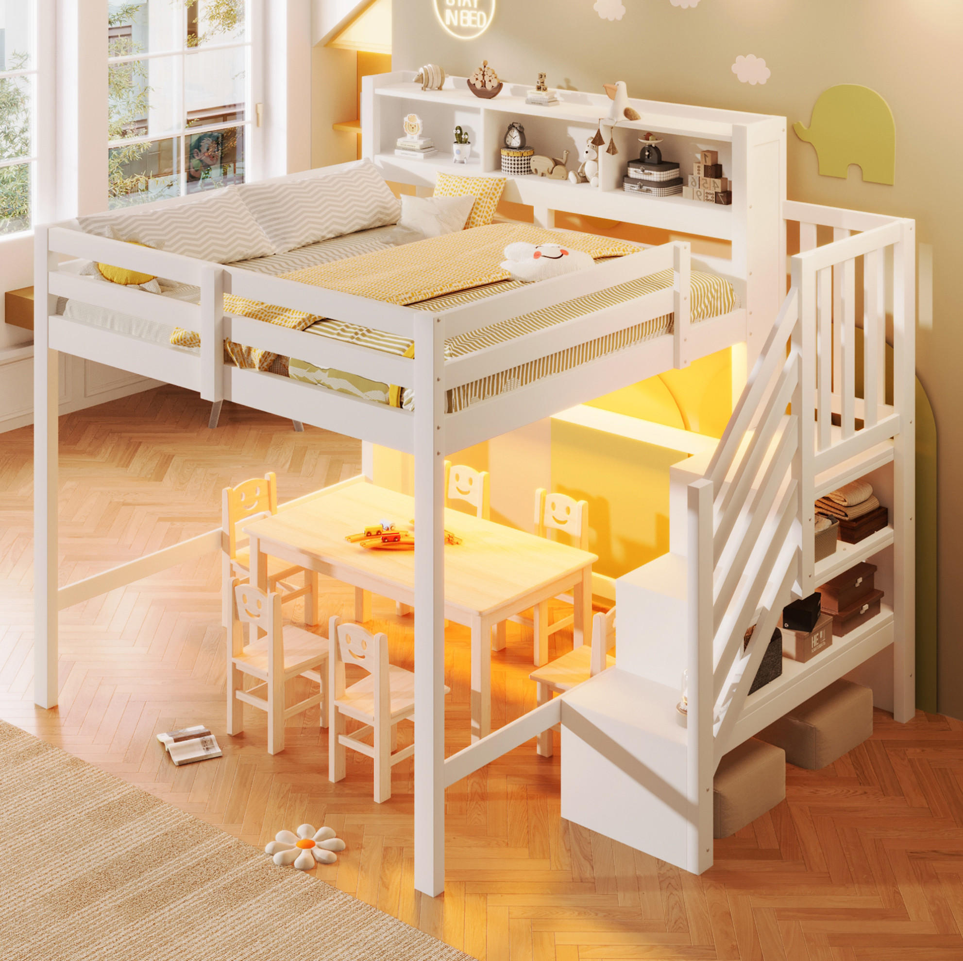 HOCHBETT 140/200 cm mit LED-Beleuchtung, Stauraumtreppe und offenem Staufach, Weiß - Weiß, Holz (140/200cm) - Redom