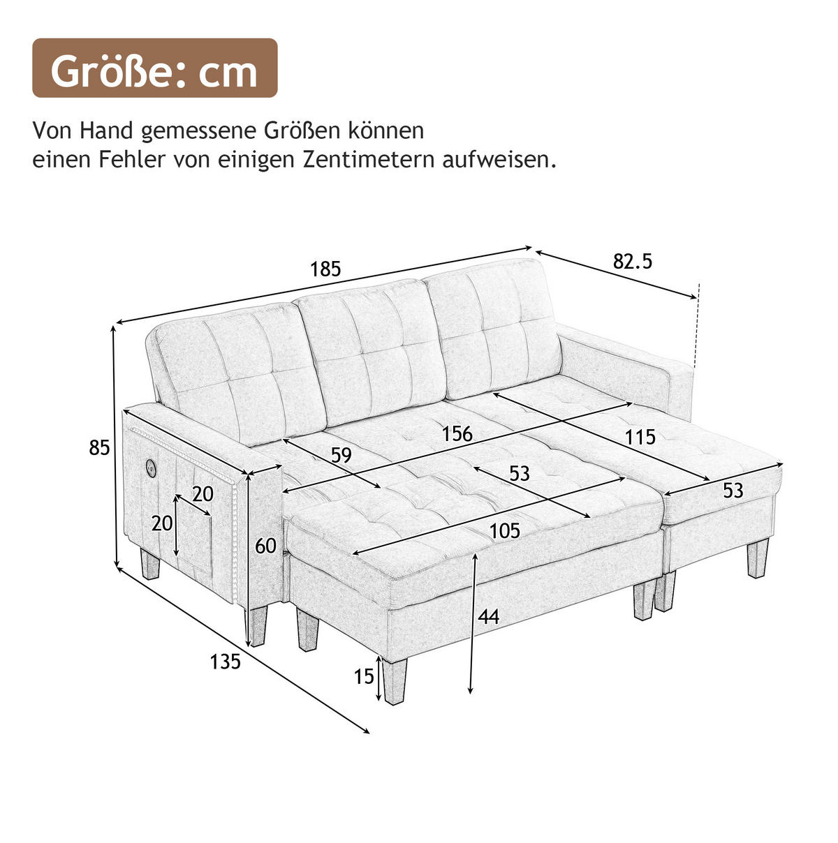 ECKSOFA 185/135/85 cm beige aus Chenille mit LED, USB und Fußhocker - Beige, Kunststoff (135/185cm) - OKWISH