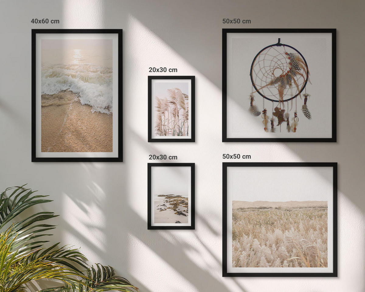 BILDER SET 5er Set - 50x50 cm & 20x30 cm & 40x60 cm Schwarzer Rahmen - Strandgras, Wellen, Steine, Boho-Stil - Schwarz, Kunststoff (40/60cm) - TULUP