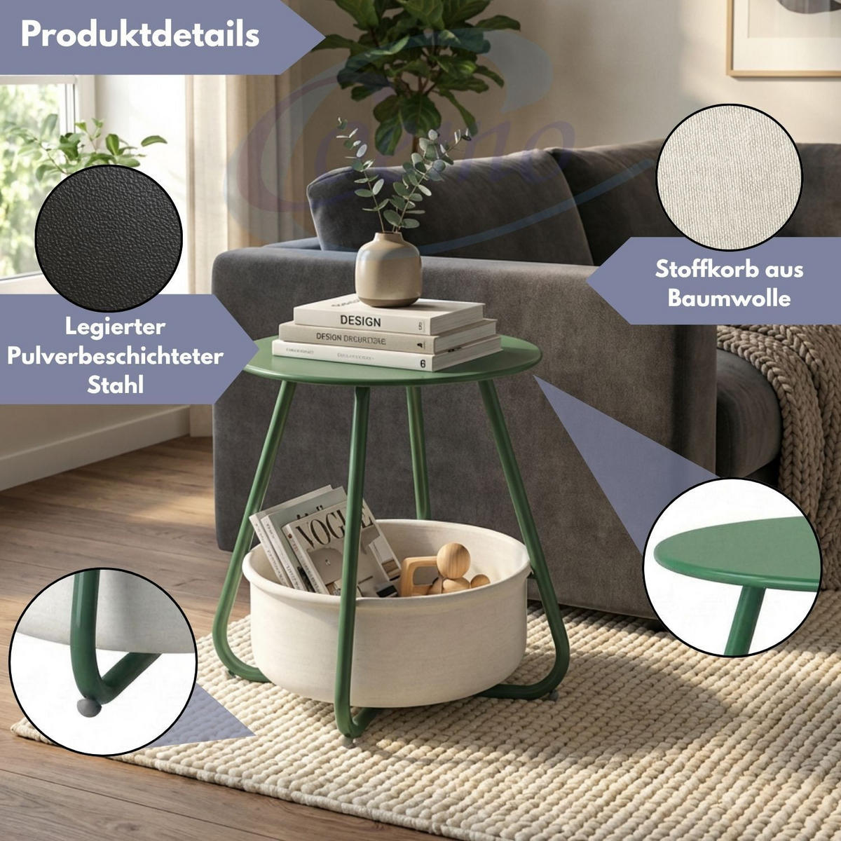 COUCHTISCH KOSI Metall mit Aufbewahrungskorb Canvas Grün - Grün, Metall (50/50/45cm) - Coemo