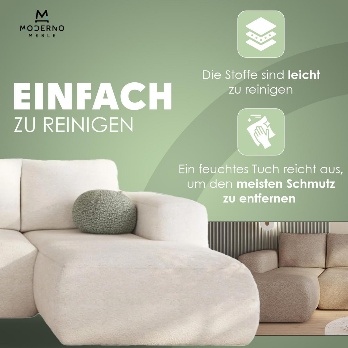 ECKSOFA LAMBI U, Wohnlandschaft U Form mit +3 Sitzen, Dunkel Creme - Lambi 08 - Ecru, Textil (340/89/114cm) - Moderno Meble