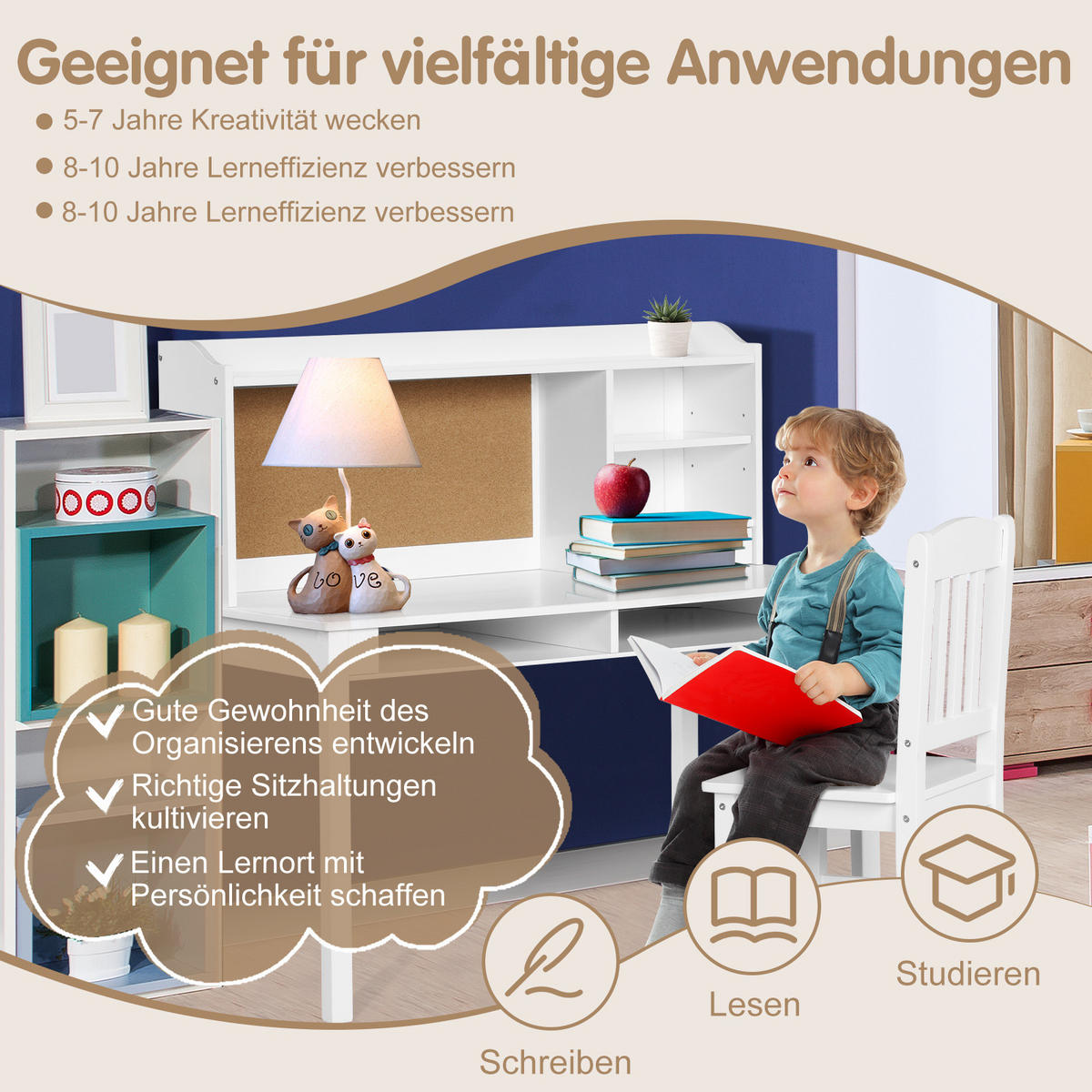 KINDERSCHREIBTISCH mit Hängeplatte weiß(2-tlg) - Weiß, Holzwerkstoff (111.5/110.7/60.5cm) - COSTWAY