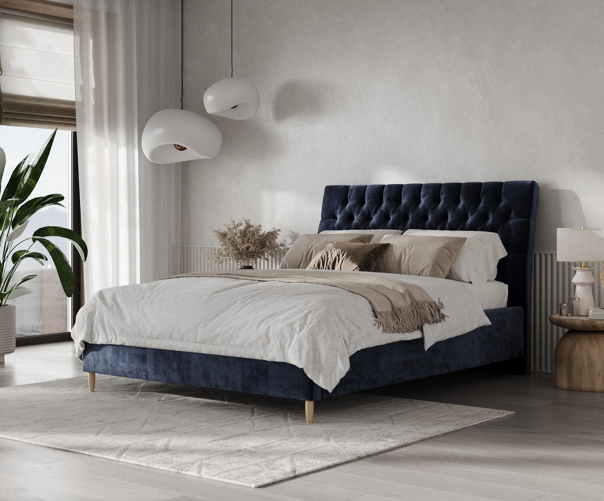 POLSTERBETT Lira 120/200 cm Marineblau im Lotta Stoff - Naturfarben/Dunkelblau, Holz/Holzwerkstoff (120/200cm) - AltaBeds