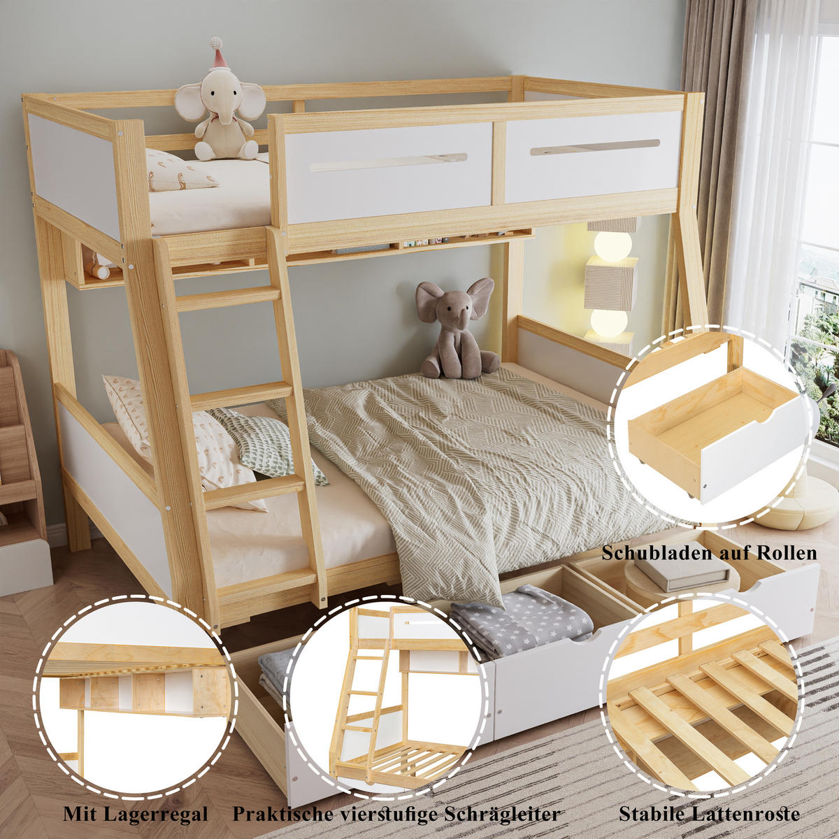 ETAGENBETT 90/200 cm & 120/200 cm in Weiß & Natur mit 3 Schubladen, Bücherregal und Trittleiter - Weiß/Naturfarben, Holz/Holzwerkstoff (90/200cm) - CHICFURN