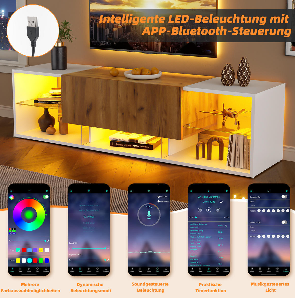 TV-LOWBOARD aus Spanplatte 160x40x42 cm Weiß/Eichefarben mit LED-Beleuchtung, Glasablage und 2 Schubladen - Hellbraun, Holzwerkstoff (160/42/40cm) - Modfu