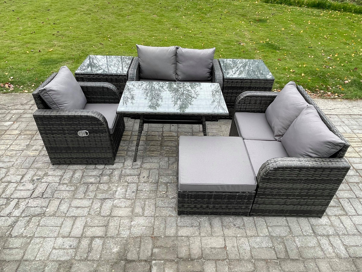BALKONSET mit ESSTISCH SOFA Polyrattan Dunkelgrau 6-Sitzer - Dunkelgrau/Grau, Glas/Kunststoff - Fimous