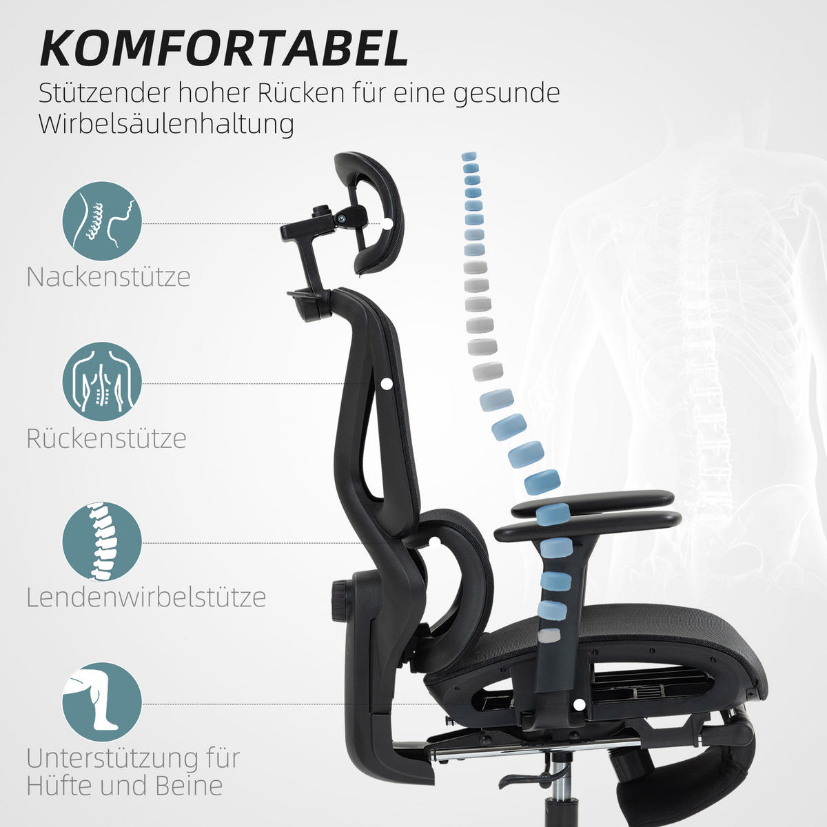 BÜROSTUL, Ergonomischer Schreibtischstuhl - Schwarz, Kunststoff (70/130/71cm) - HOMCOM