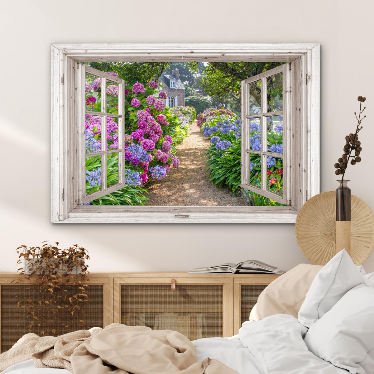 METALLBILD Hortensie - Fensterblick - Blumen - Sommer - Lila - Weg 120x80 cm - Lila, Metall (120/80cm) - MuchoWow