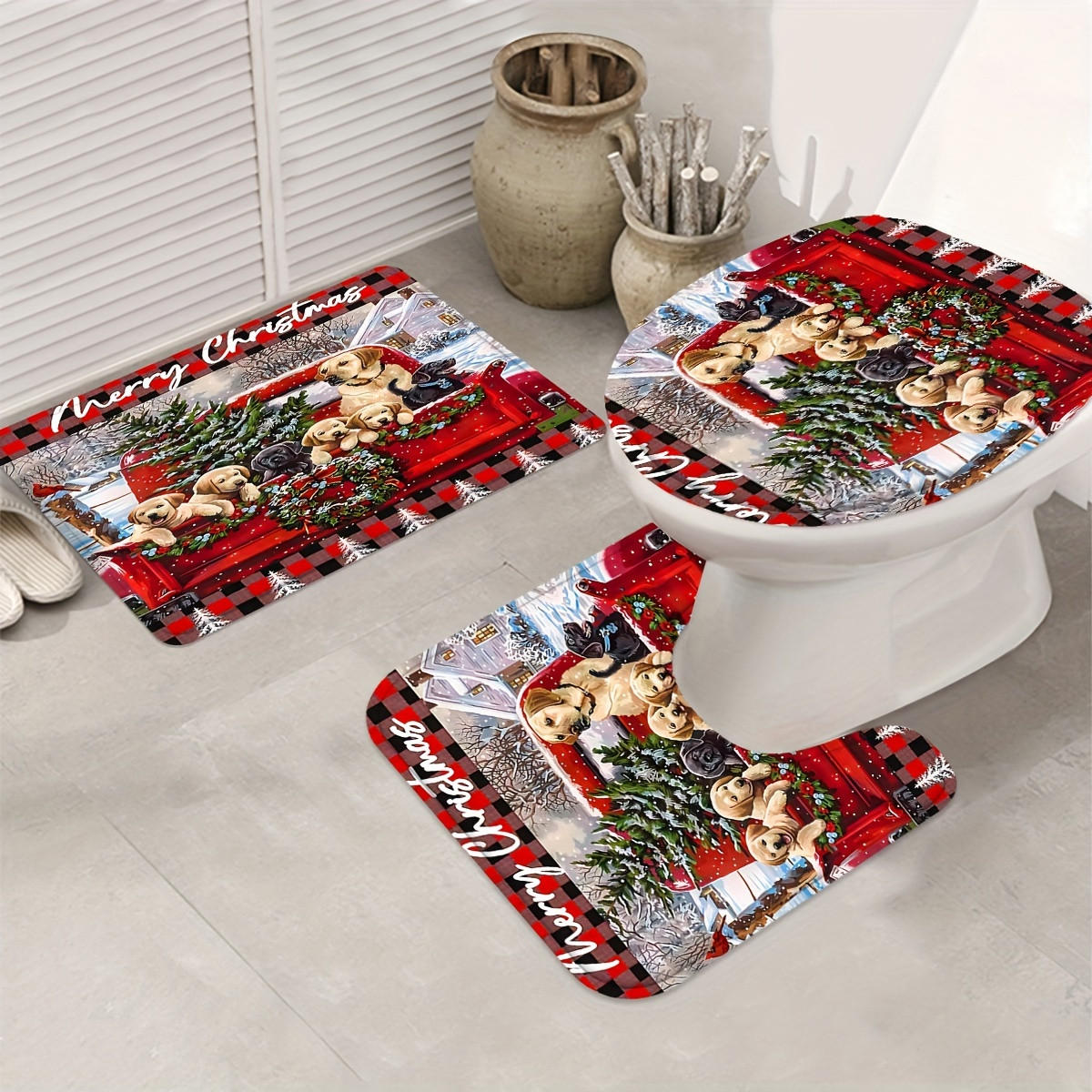 DUSCHVORHANG SET Weihnachten Muster Duschvorhang Bodenmatte Toilettenmatte - Rot, Textil (180/180cm) - MCBOSON
