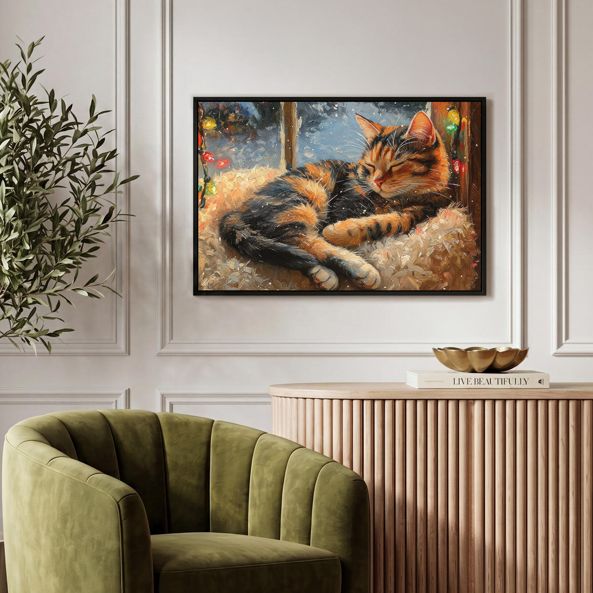 LEINWAND Bilder mit Rahmen - Katze - Weihnachten - Winter - Tier - 60x40 - Bernsteinfarben, Textil (60/40cm) - MuchoWow