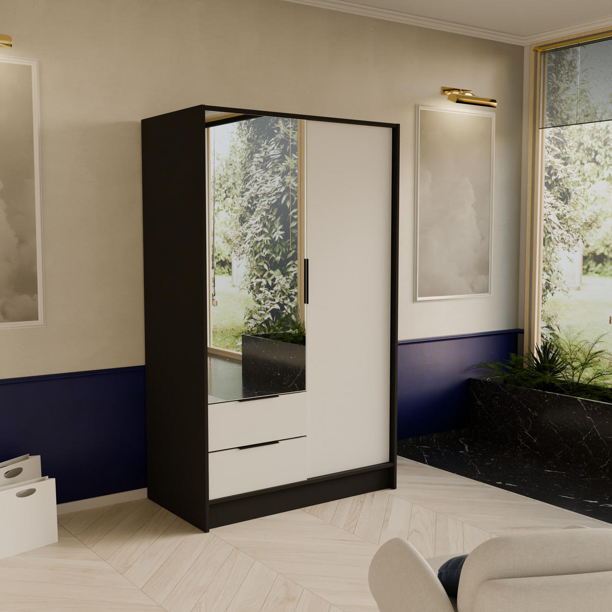 DREHTÜRENSCHRANK CAVA 102/200/51 cm Modern Kleiderschrank 2-türig mit Spiegel Schwarz - Schwarz, Holzwerkstoff (102/200/51cm) - MASSENO