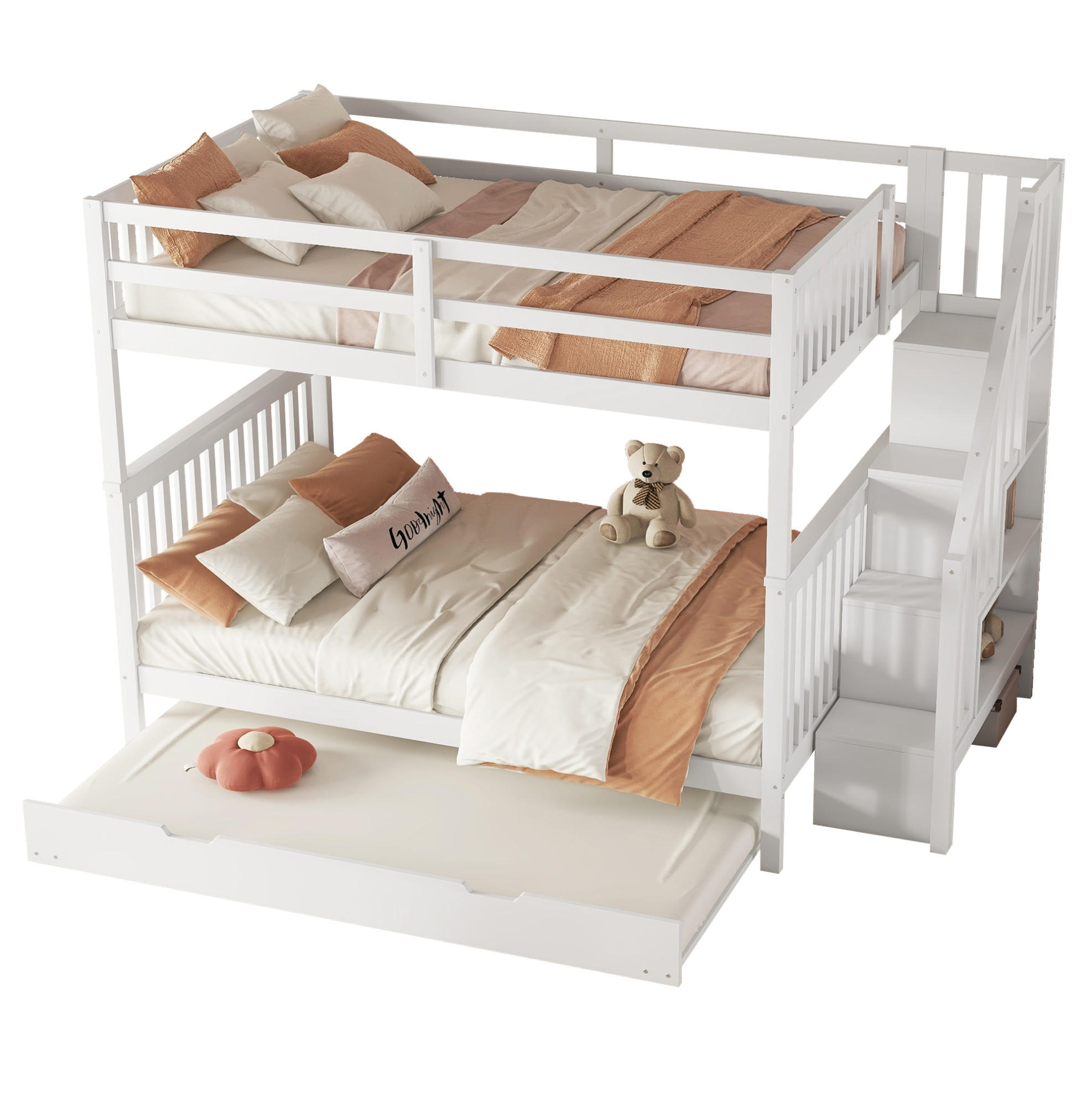 ETAGENBETT 140/200 cm aus Kiefer und MDF mit Treppenregal und ausziehbarem Rollbett Weiß - Weiß, Holz (140/200cm) - Modenvie