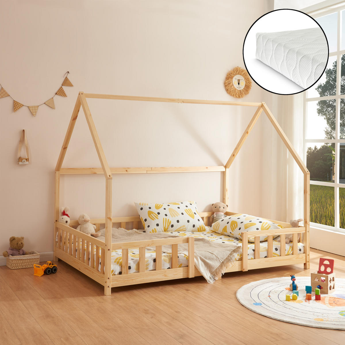 HAUSBETT Sisimiut mit Matratze - Naturfarben, Holz/Textil (140/200cm) - [en.casa]