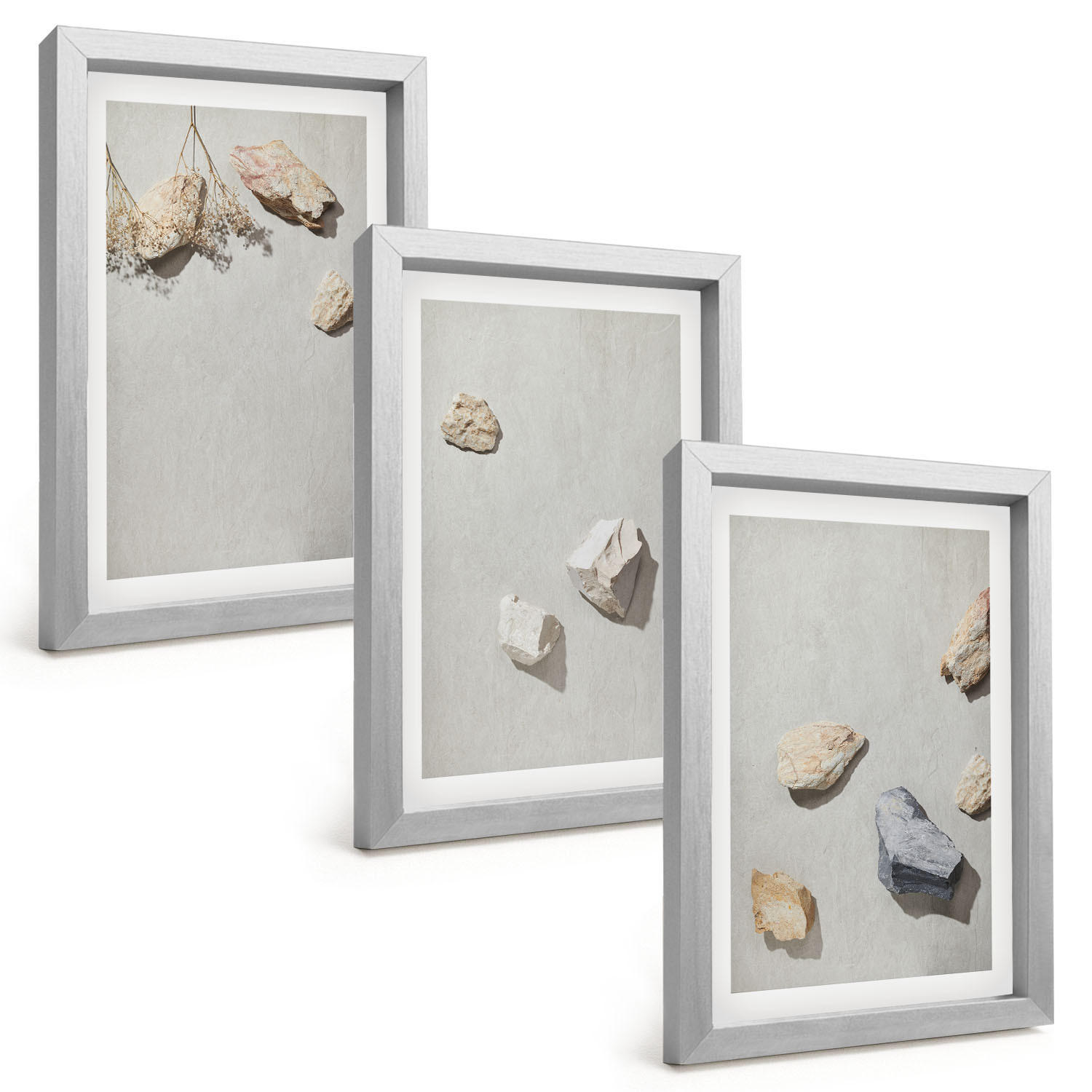 BILDER SET 3er Set - 20x30 cm Silberner Rahmen - Boho-Stranddekorationen aus Steinen - Silberfarben, Kunststoff (20/30cm) - TULUP