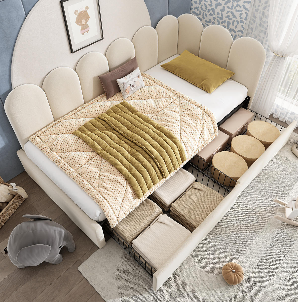 POLSTERBETT 90/200 cm in Beige mit 2 Schubladen und Samtbezug - Beige, Textil (90/200cm) - Flora Grace