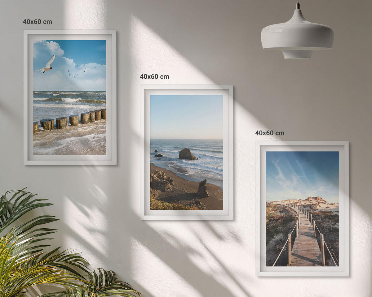 WANDBILDER 3er-Set - 40x60 cm Weißer Rahmen - Strandwellen, Himmelsbrücke, Spaziergang - Weiß, Kunststoff (40/60cm) - ArtPrintCave